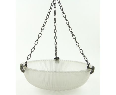 Vintage patinated glass ceiling light bowl
with rams head mounts and chains, diameter 15".