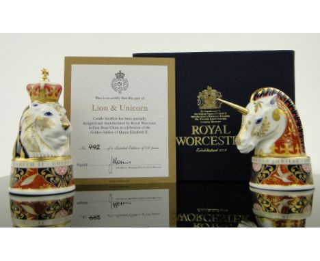 Pair of Royal Worcester lion and unicorn candle snuffers,
Commemorating Elizabeth II Golden Jubilee, Limited Edition no. 442/
