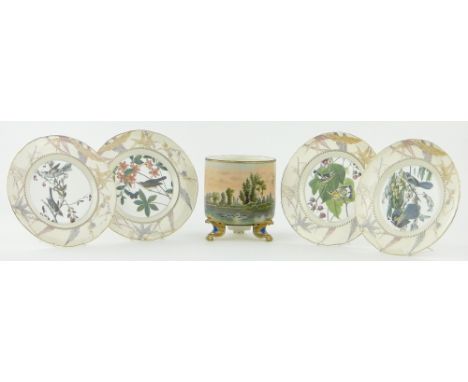 19th century jardiniere with painted landscape, 
height 7.75" and 3 boxed Royal Worcester plates, (4).