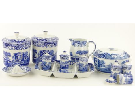 Spode Italian pattern casserole dish,
milk jug, height 6.5", herb jars, lemon squeezer, etc.