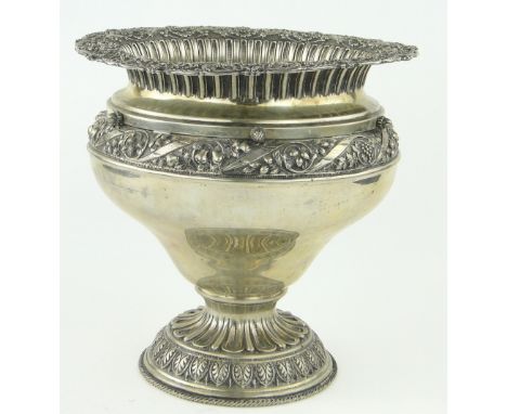 A large Italian silver urn shaped wine cooler,
with fine decorated edge marked 800, 65oz, height 32cm.