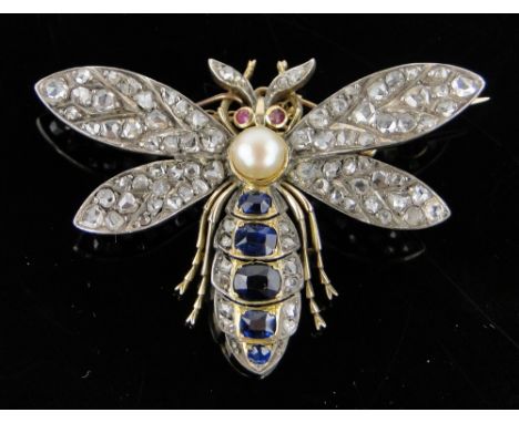 Edwardian diamond, sapphire, ruby and pearl set bee brooch,
unmarked gold settings, width 50mm.