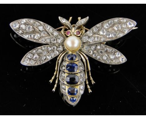 Edwardian diamond, sapphire, ruby and pearl set bee brooch,
unmarked gold settings, width 50mm.