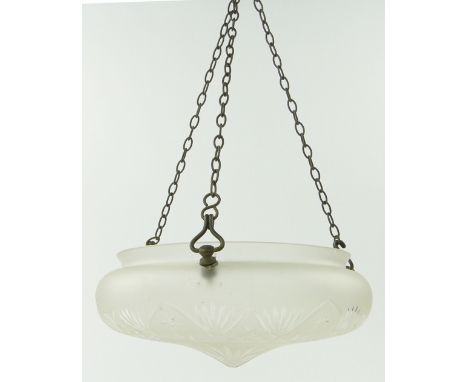 Frosted cut-glass Vintage ceiling light bowl
with brass fittings and chains, 13" diameter.