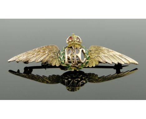 A 9ct gold and enamel RFC Wings sweetheart brooch, width 48mm.