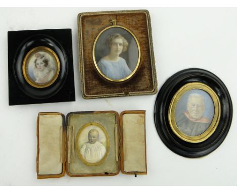 Miniature portrait of a girl in ebony frame,
4.75" overall and 3 other miniature portraits, (4).