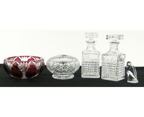 A pair of crystal decanters and stoppers,
9.5", a ruby overlay bowl, rose bowl and a Val St. Lambert hawk, boxed.