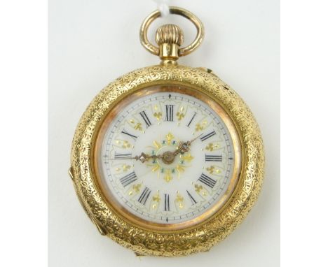 A Swiss engraved 18ct gold cased topwind fob watch,
with ornate gilded enamel dial, case width 35mm.
