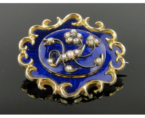 Antique gold and enamel brooch
with pearl and diamond mount and hair panel back, width 40mm.