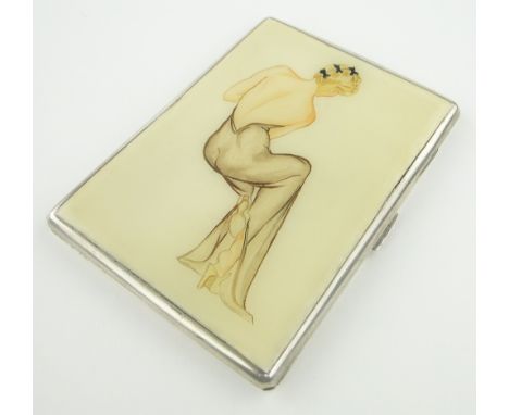 An American sterling silver and enamel cigarette case,
mid 20th century, the cover having a painted enamel erotic design of a