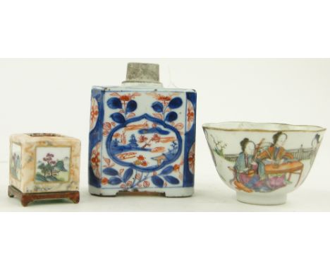 A Chinese porcelain bowl,
tea caddy, 4.25" and a censor, (3).