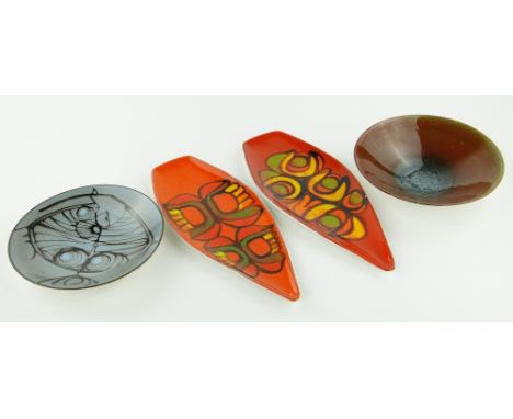 Pair of Poole Delphis dishes
with abstract designs, 17", Poole Aegean dish with fish decoration and another, (4).