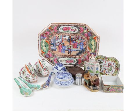 Various modern Oriental ceramics, including famille rose meat plate, redware teapot, soup spoons etc.&nbsp;all pieces in good