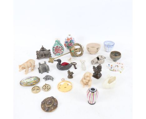 Various collectables, including Grand Tour style brass and copper buckle, porcelain panel brooch, novelty coin pendants, mini