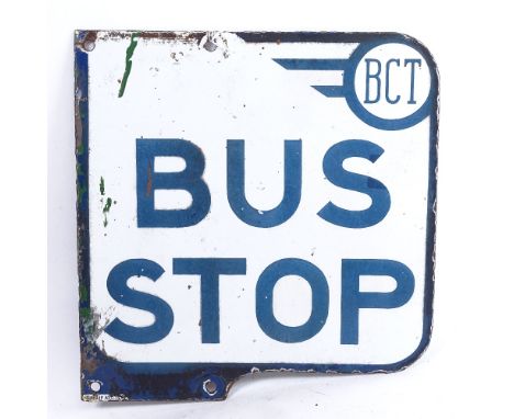 A white enamel sign "BCT Bus stop", width 30cm, height 31cm 