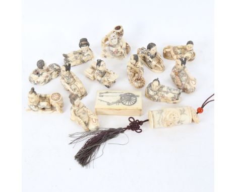 Various modern carved and painted bone netsuke figures, a Napoleonic style box etc (14) 