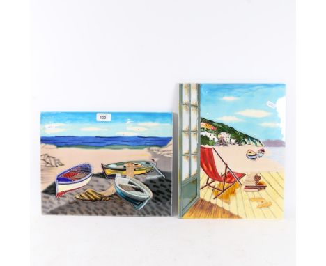 2 Italian tube-lined ceramic pictorial plaques, sun lounger scene, 36cm x 28cm (2) 