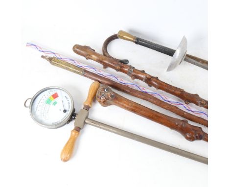 A Vintage German grain hygrometer, an epee, walking sticks etc 