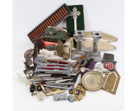 Fountain pens, ballpoint pens, candlesticks, shoe pin cushion, boxed model tank, figures and other interesting items 