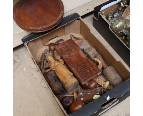 Various carved wood items, including 19th century oak needle case, rosewood bookend, oak acorn, nutcracker etc (boxful) 