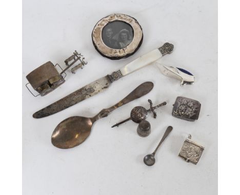 Various silver, including miniature novelty shoe pin cushion, cherub pillbox, mother-of-pearl handled knife, Celtic brooch et