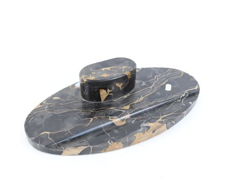 An Art Deco black veined marble desk stand, with raised double-inkwell and pen tray, 40cm x 23cm (lacking 1 ceramic inkwell) 