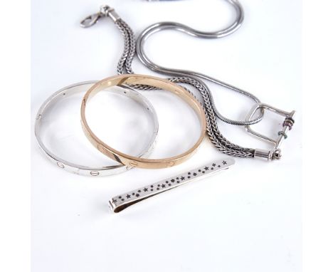 Various Danish sterling silver jewellery, including pendant necklace, tie clip, bracelet and a pair of Cartier style bangle, 