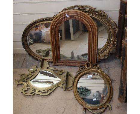 Ornate Vintage wall mirror with shelf, height 60cm, 3 oval mirrors, and an arch-top bamboo-framed mirror (5) 
