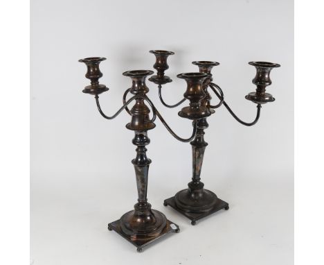 A pair of silver plated 2-branch 3-light candelabra, with removable sconces and removable fitting to convert to single candle