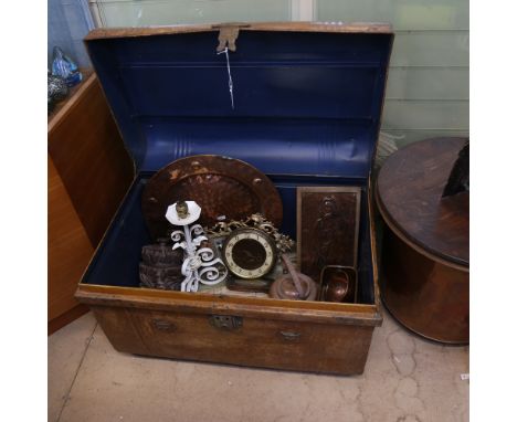 A Vintage metal travel trunk, containing a clock, 2 mirrors, bellows, a copper dish, a pair of small mirrors etc 