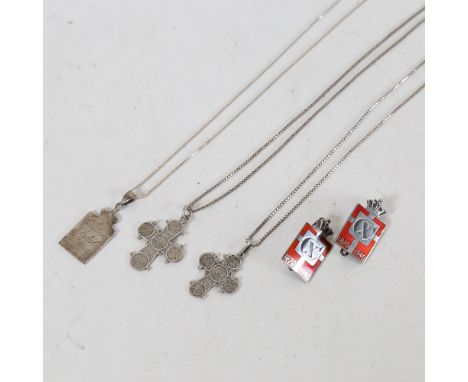 GEORG JENSEN - a Danish sterling silver and red enamel Kingmark pendant necklace, 2 similar badges, and 2 silver religious cr