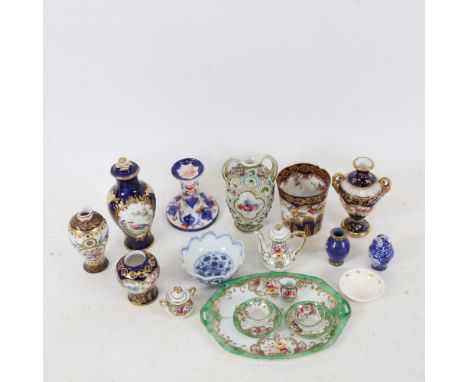 Various miniature porcelain items, including Crown Staffordshire vases, miniature tea set, cloisonne enamel vase etc (boxful)