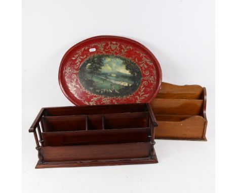 An oval tin tea tray with Chatsworth illustration, width 40cm, and 2 table-top stationery racks - 1 oak, 1 mahogany 