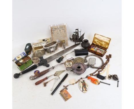 Various collectables, including stag horn-handled Stilton scoop, Spanish repro dagger, slave bangle, perpetual calendar, mini