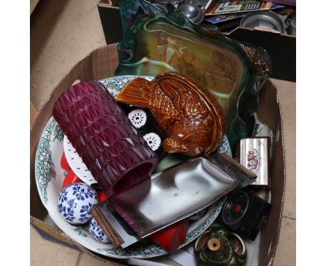 A wash bowl, chicken figure egg container, lamp shade, steel dishes etc 