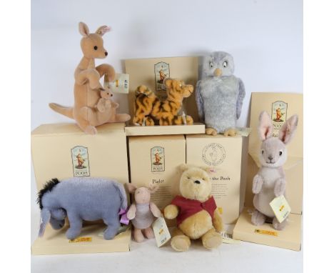 6 Vintage Steiff Classic Pooh toy animals, comprising Eeyore, Piglet, Pooh, Tigger, Wol, Rabbit, and Kanga with Roo.&nbsp;All