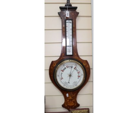 An inlaid marquetry decorated barometer with thermometer, height 80cm 