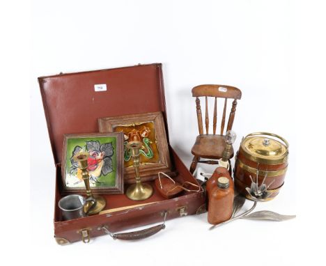 2 framed tile pot stands, and a small suitcase containing a brass-bound oak barrel, candlesticks, leather-covered spirit flas