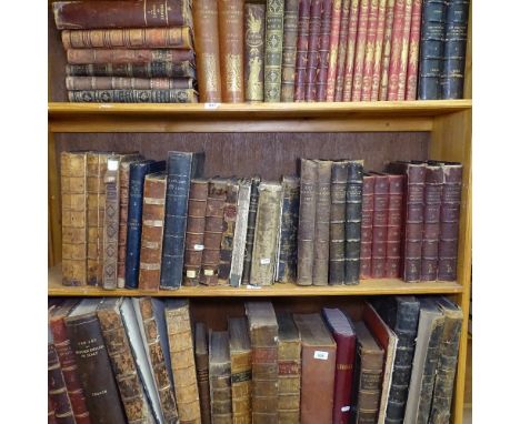 A shelf of leather-bound books, including 3 volumes Histoire De L'Art, 3 volumes Rivers of Great Britain etc 
