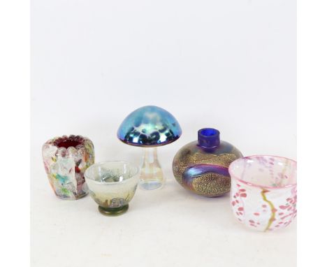 Various Studio glass, including Isle of Wight gilded iridescent squat vase, iridescent mushroom paperweight, bowls etc, mushr