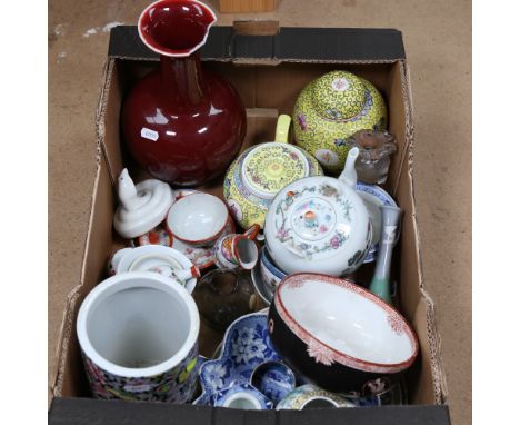 A quantity of Oriental items including drilled cylinder vase with character mark on base, vases, plates, ginger jar and teapo