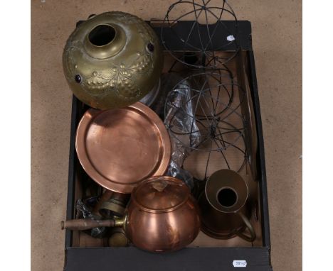 A quantity of copper and brass items, including a Amsterdam school of art lamp, fire hose nozzles and 2 Edwardian hat stands