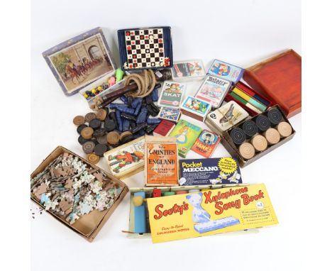 Various toys and games, including carved stone chessmen, Sooty's Xylophone Song Book, Jaques? travelling chess set etc (boxfu