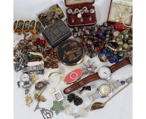 Various jewellery, including Eterna-Matic wristwatch, Japanese Komai gold inlaid bracelet and fan brooch, pearl necklace dres