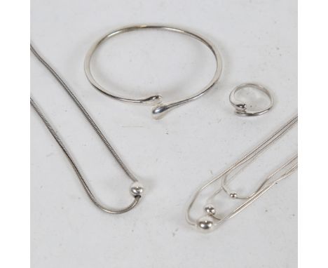 SCROUPLES A/S - a Danish sterling silver ball necklace, another graduated example, and a matching bangle and ring, 42g total 