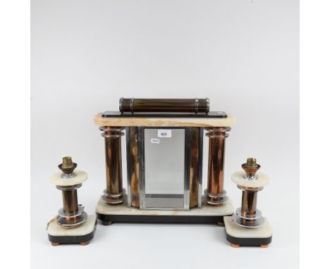 An Art Deco brass marble and alabaster 3-piece garniture, comprising empty glazed clock case and pair of table lamps, case ov