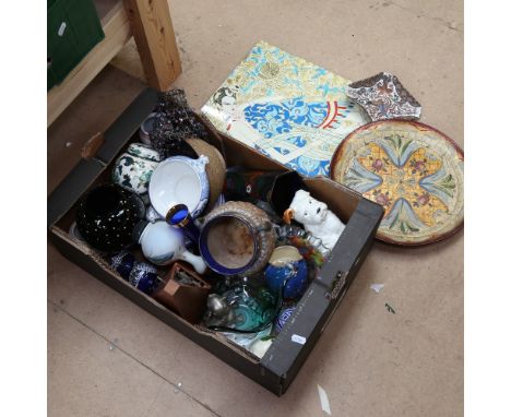 Various ceramics and glass, including small Royal Doulton pot, Spanish plate, metronome, Art glass bowls, Chinese silver plat