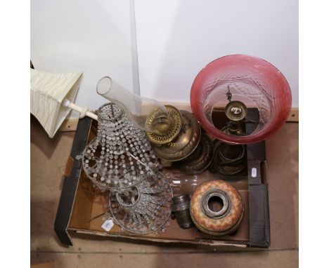 3 oil lamps, a table lamp and 2 drop ceiling light shades.The ceramic 2 section oil lamp has been drilled through both sectio