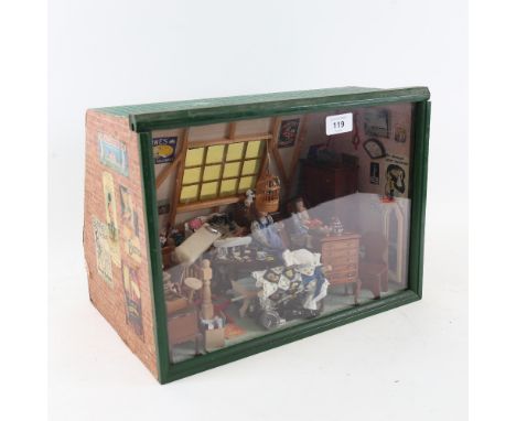 A handmade model doll's house diorama interior scene, with many fixtures and fittings, W38cm, H29cm, D26cm 