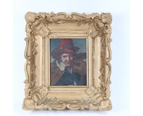 19th century Continental oil on wood panel, miniature portrait of a violinist, unsigned, ornate gesso frame, overall 23cm x 2